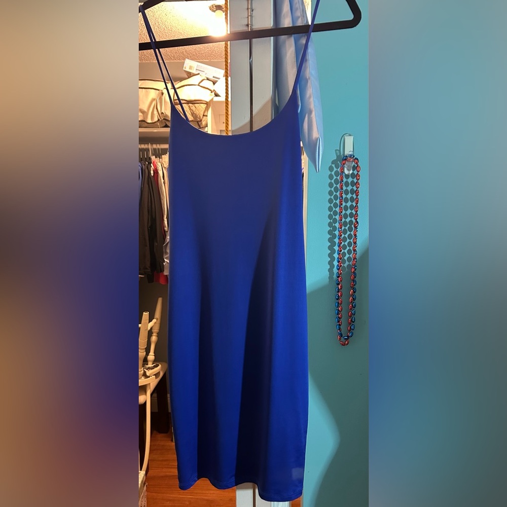 Love J Vibrant Blue Silky, Shiny dress.